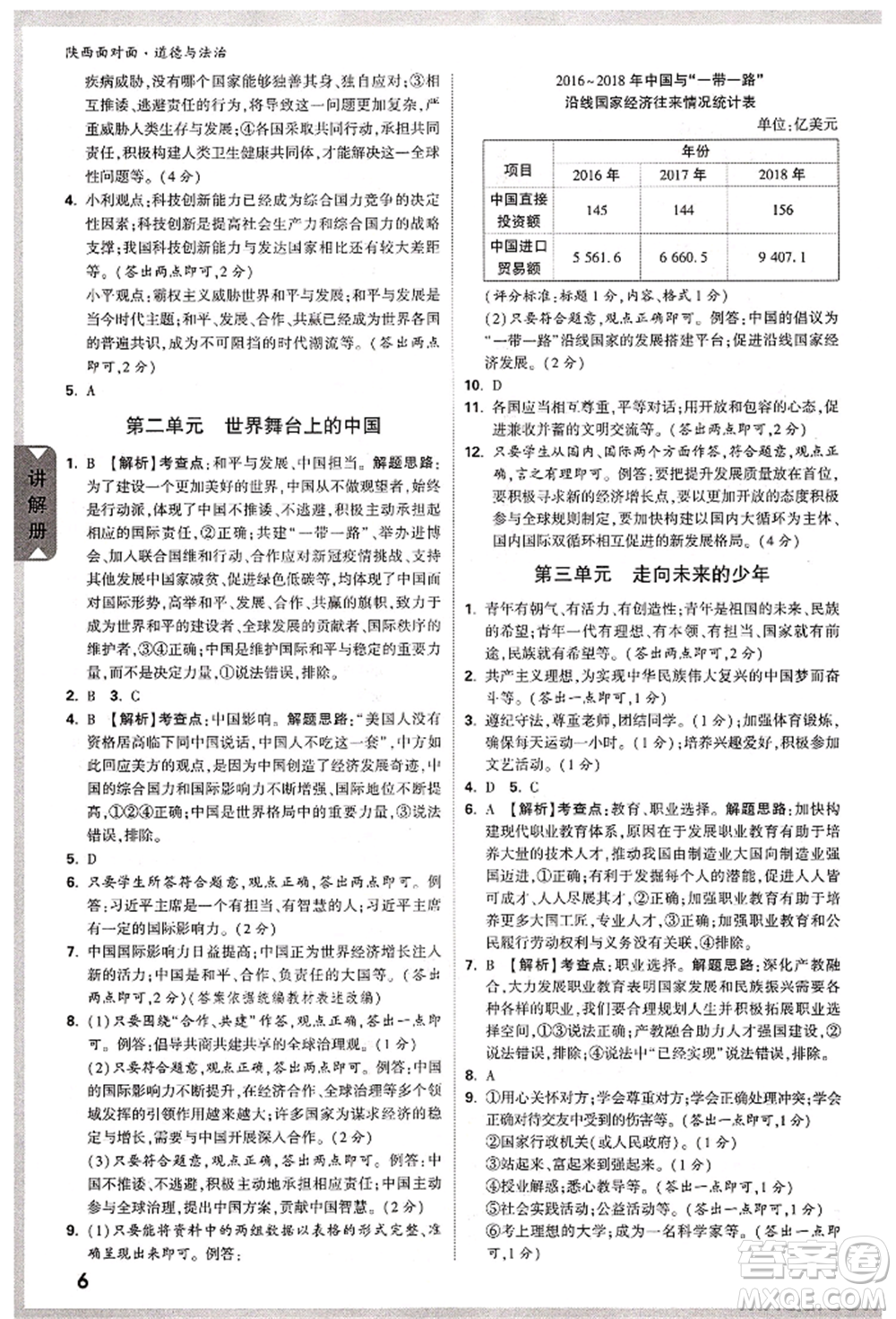 西安出版社2022中考面對面九年級道德與法治通用版陜西專版參考答案