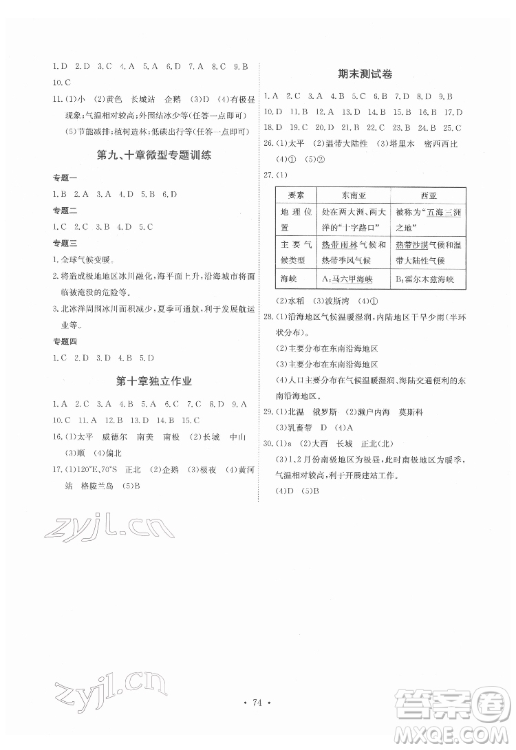 崇文書局2022長(zhǎng)江全能學(xué)案同步練習(xí)冊(cè)地理七年級(jí)下冊(cè)人教版答案