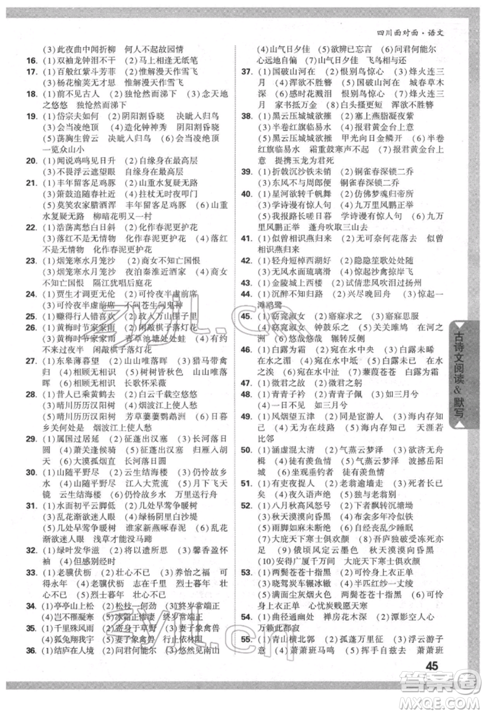 新疆青少年出版社2022中考面對(duì)面九年級(jí)語(yǔ)文通用版四川專版參考答案