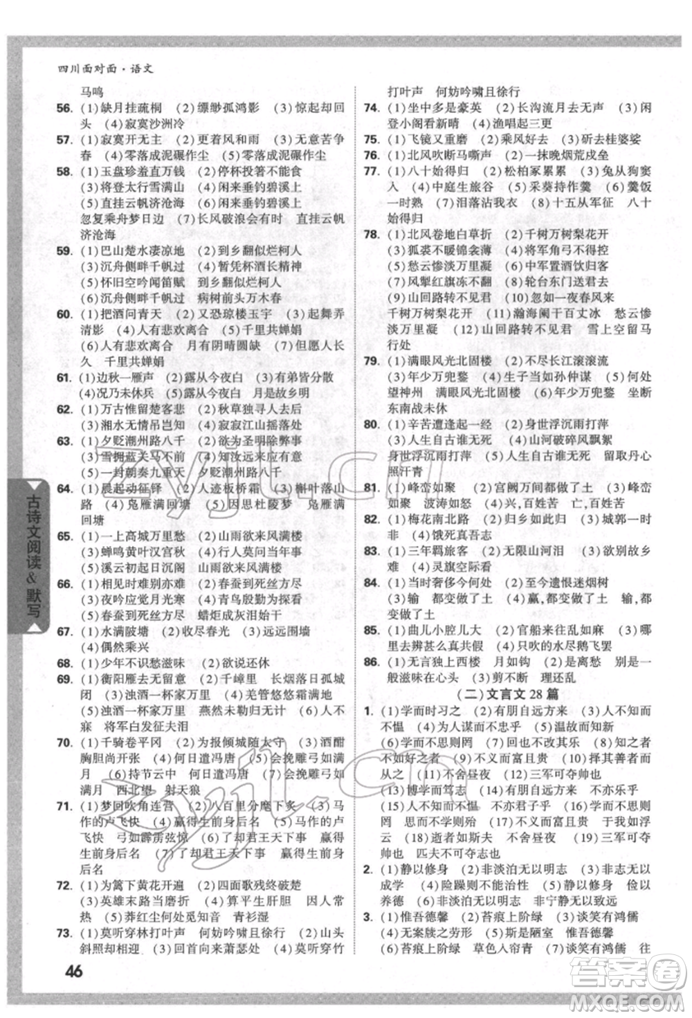 新疆青少年出版社2022中考面對(duì)面九年級(jí)語(yǔ)文通用版四川專版參考答案