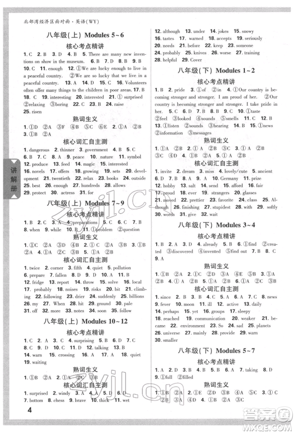 新疆青少年出版社2022中考面對(duì)面九年級(jí)英語外研版北部灣經(jīng)濟(jì)區(qū)專版參考答案