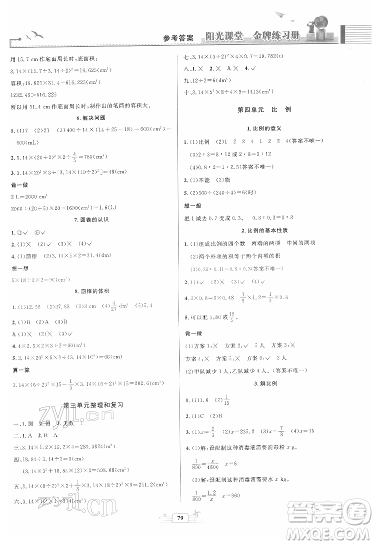 人民教育出版社2022陽光課堂金牌練習(xí)冊數(shù)學(xué)六年級下冊人教版答案