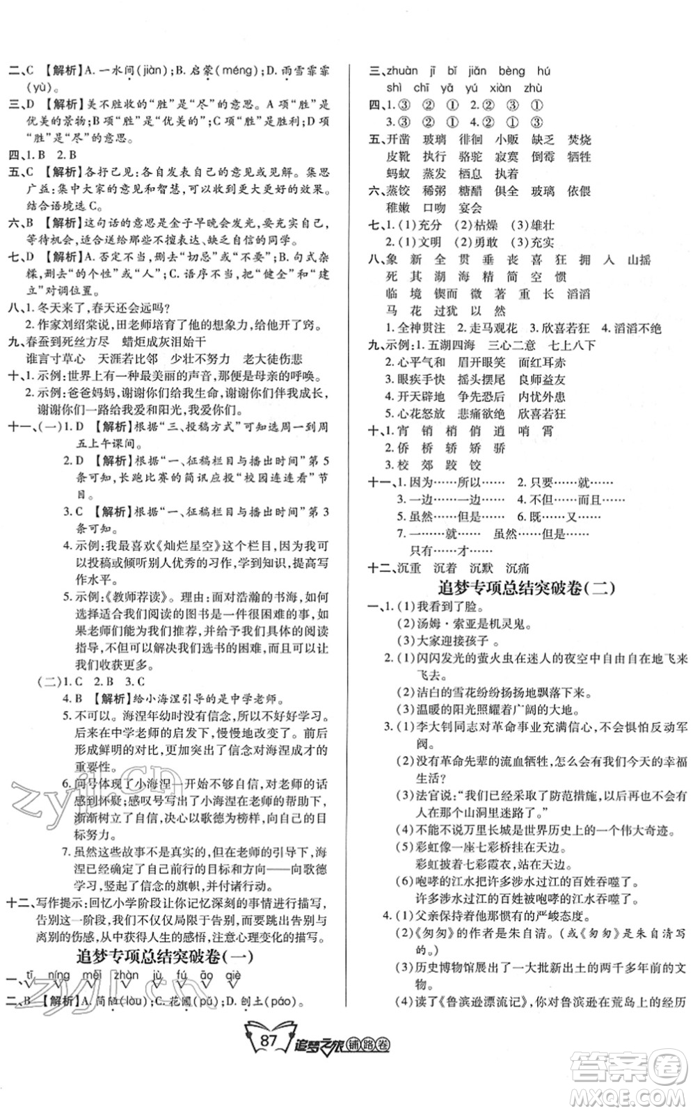 天津科學(xué)技術(shù)出版社2022追夢(mèng)之旅鋪路卷六年級(jí)語文下冊(cè)RJ人教版河南專版答案