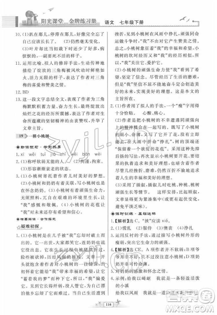 人民教育出版社2022陽光課堂金牌練習冊語文七年級下冊人教版福建專版答案