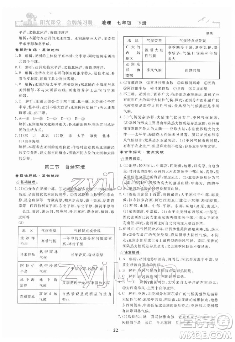 人民教育出版社2022陽光課堂金牌練習冊地理七年級下冊人教版答案