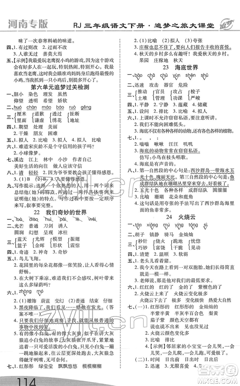 天津科學(xué)技術(shù)出版社2022追夢(mèng)之旅大課堂三年級(jí)語(yǔ)文下冊(cè)RJ人教版河南專(zhuān)版答案