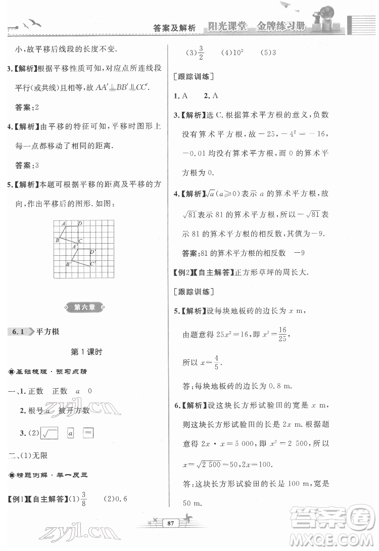 人民教育出版社2022陽光課堂金牌練習(xí)冊數(shù)學(xué)七年級下冊人教版福建專版答案