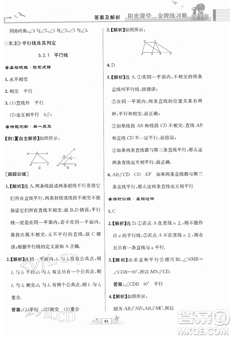 人民教育出版社2022陽光課堂金牌練習(xí)冊數(shù)學(xué)七年級下冊人教版福建專版答案