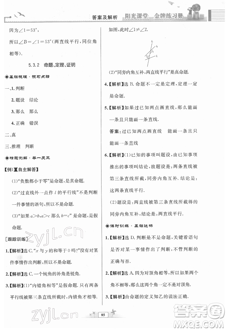 人民教育出版社2022陽光課堂金牌練習(xí)冊數(shù)學(xué)七年級下冊人教版福建專版答案