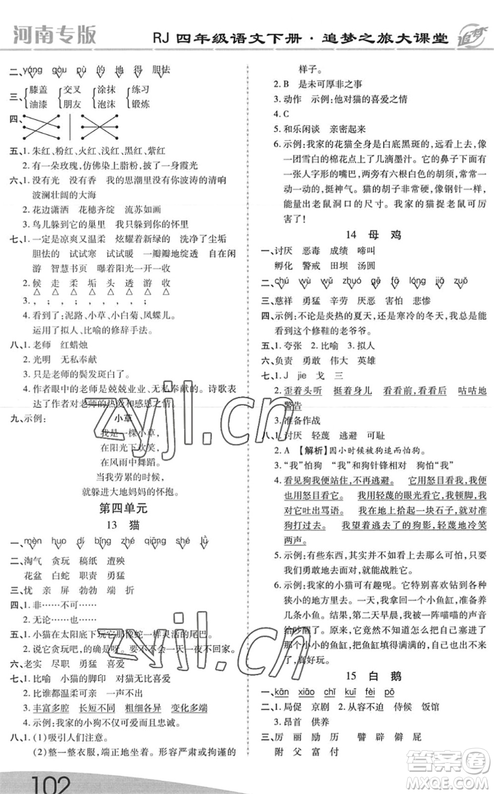 天津科學(xué)技術(shù)出版社2022追夢之旅大課堂四年級語文下冊RJ人教版河南專版答案