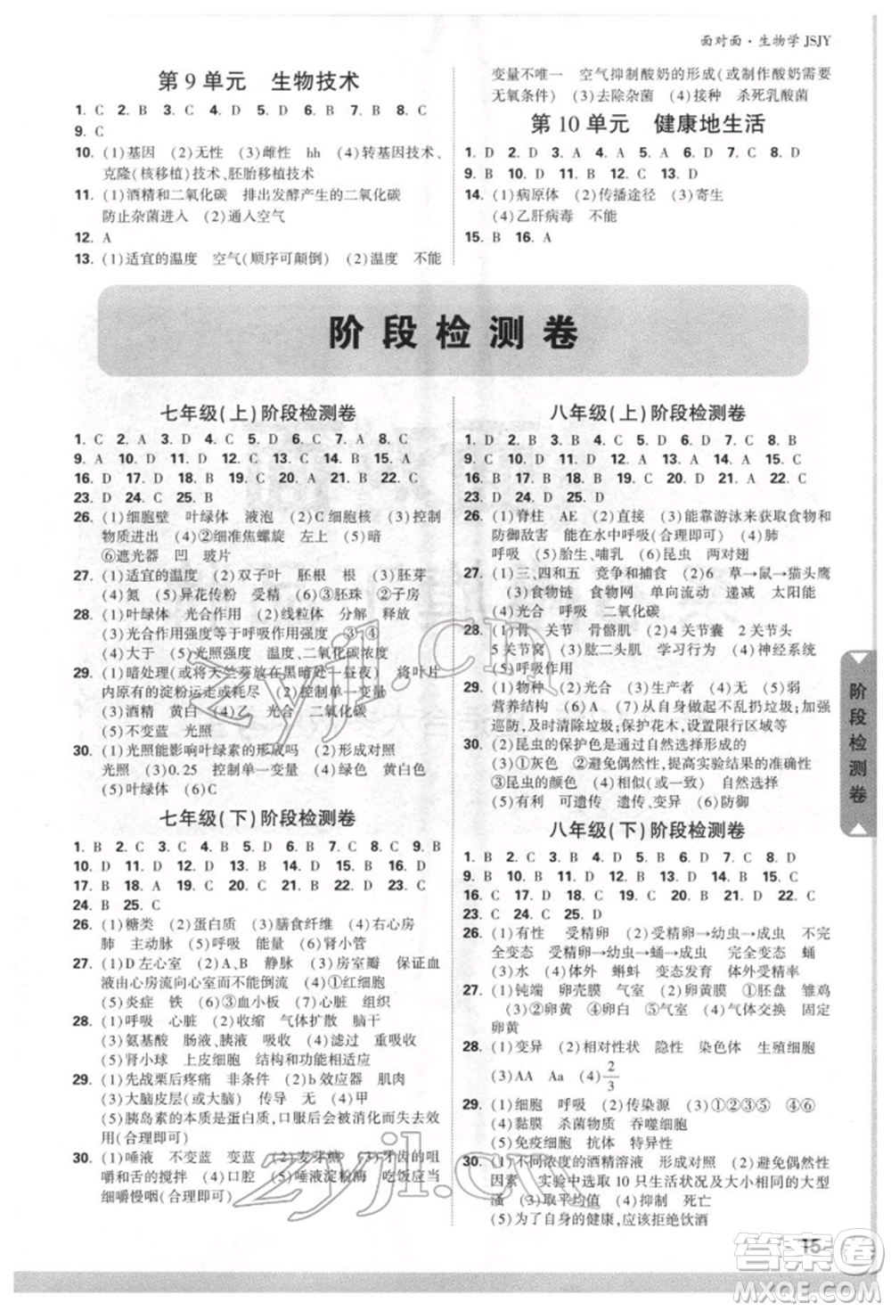 新疆青少年出版社2022中考面對(duì)面九年級(jí)生物學(xué)蘇教版參考答案