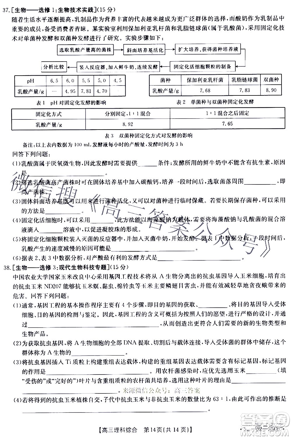 2022年4月金太陽高三聯(lián)考理科綜合試題及答案