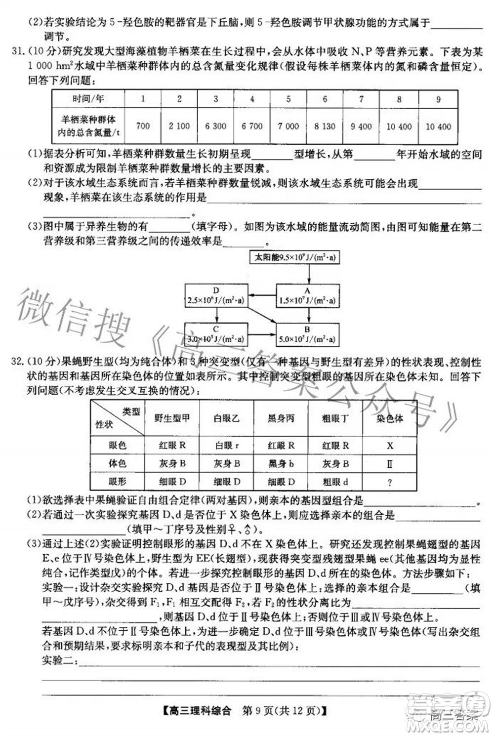 2022九師聯(lián)盟高三4月質量監(jiān)測理科綜合試題及答案