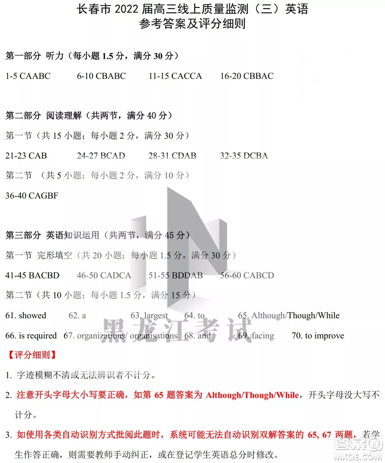 長春市2022屆高三質(zhì)量監(jiān)測三線上考試英語試題及答案