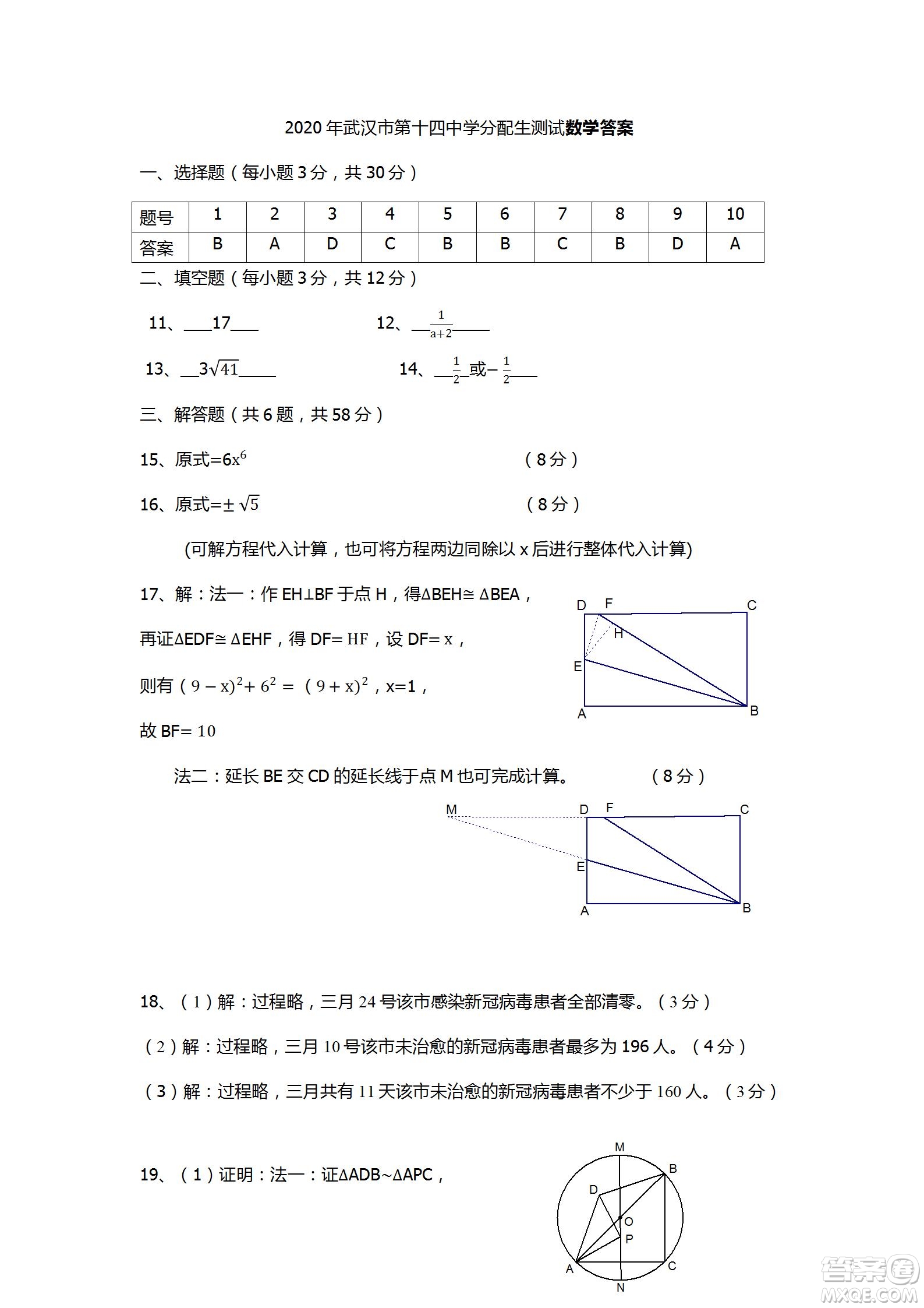 2020年武漢市第十四中學(xué)分配生測(cè)試數(shù)學(xué)試卷及答案