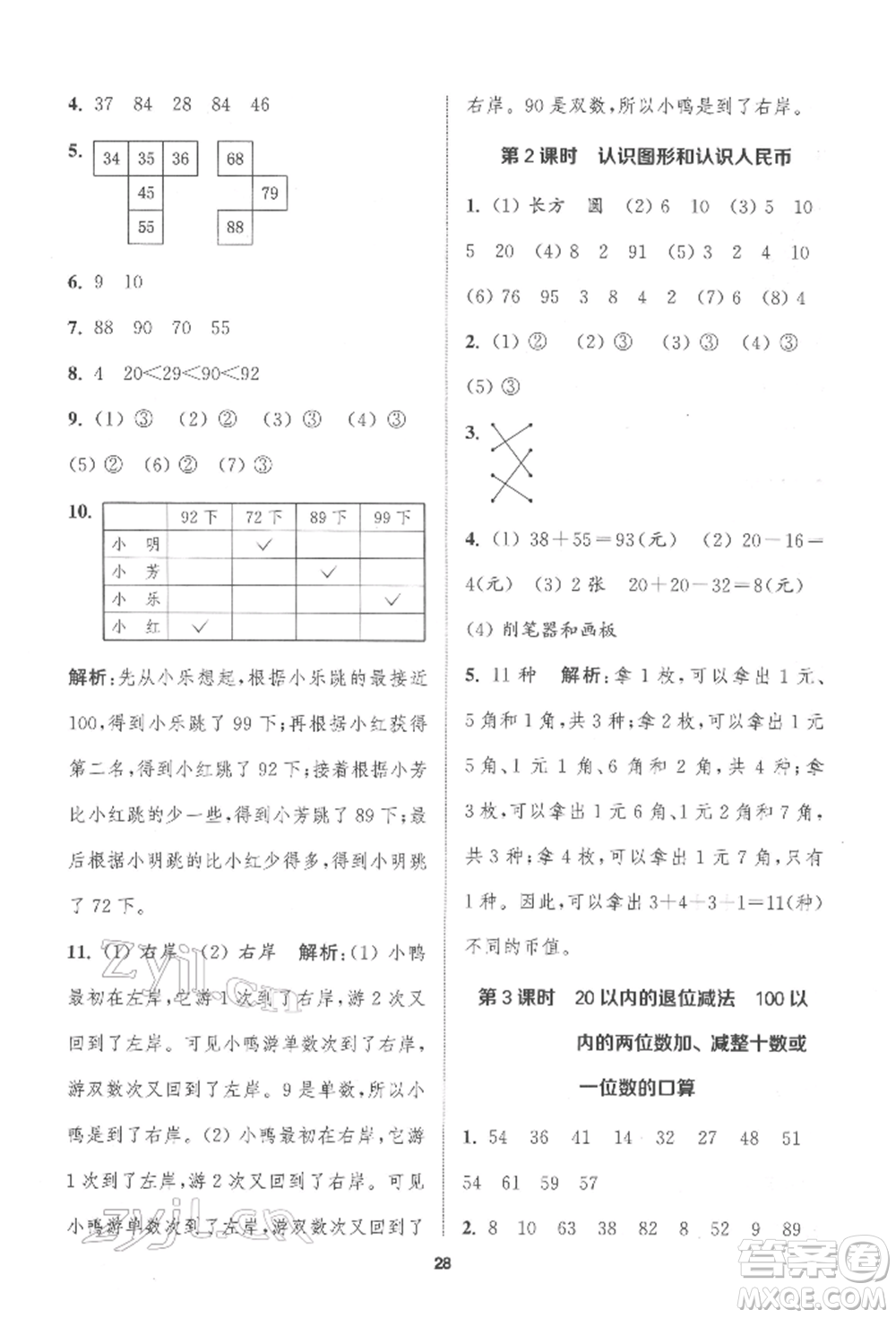 蘇州大學(xué)出版社2022金鑰匙1+1課時作業(yè)一年級下冊數(shù)學(xué)江蘇版參考答案