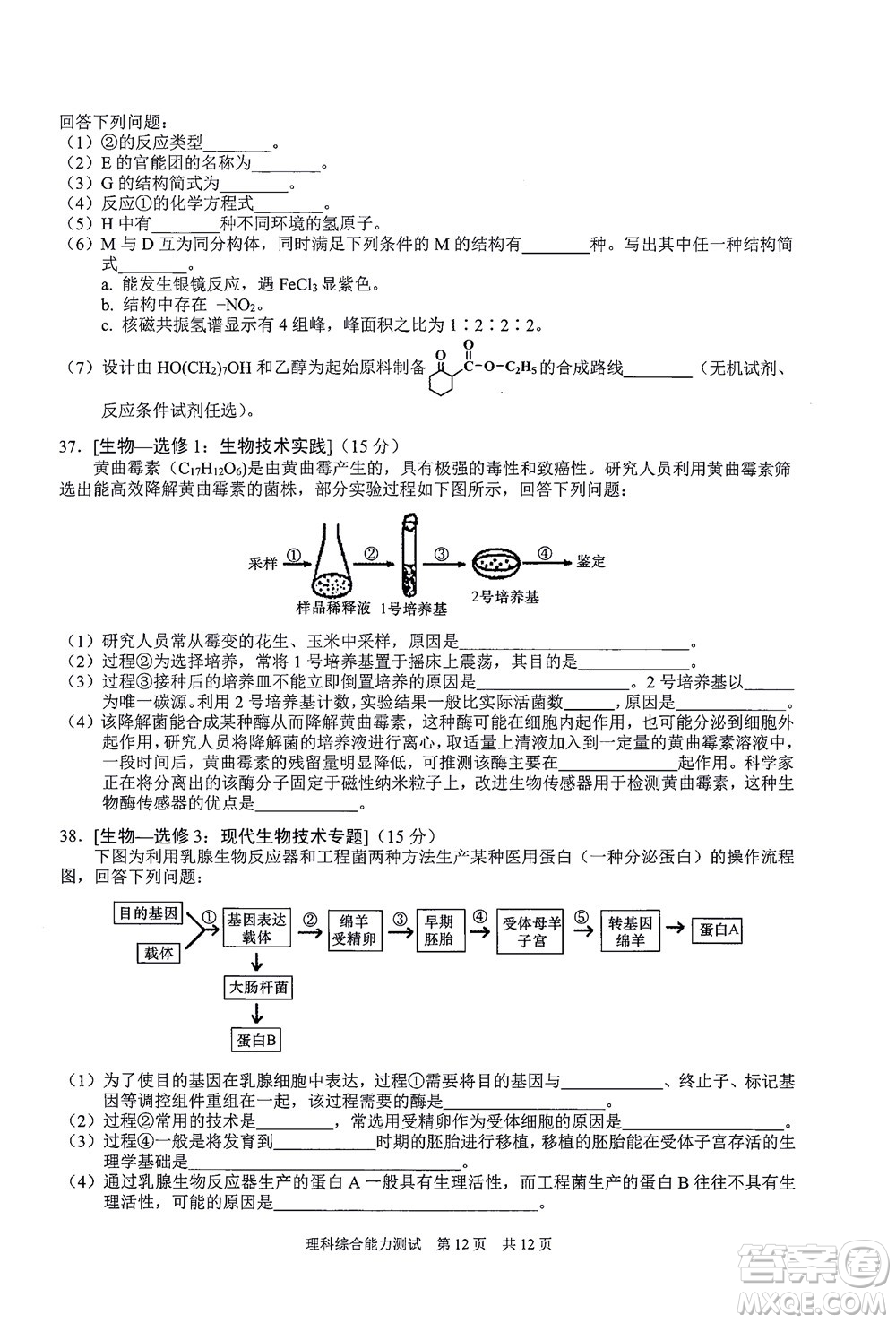 滁州市2022年高三第二次教學(xué)質(zhì)量監(jiān)測(cè)理科綜合試題及答案