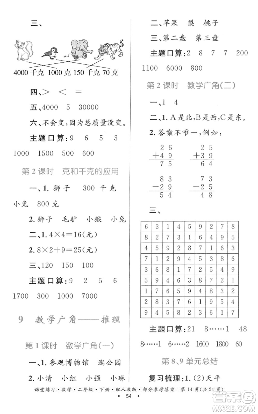 貴州人民出版社2022課堂練習(xí)二年級數(shù)學(xué)下冊人教版答案