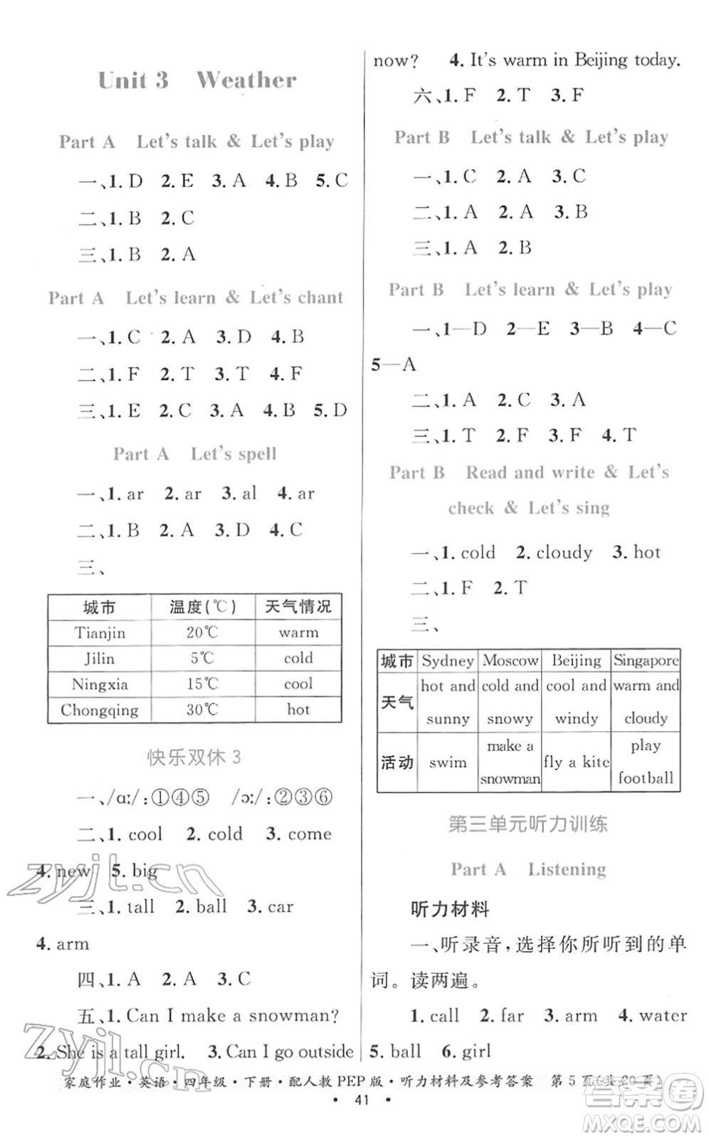 貴州人民出版社2022家庭作業(yè)四年級(jí)英語下冊(cè)人教PEP版答案