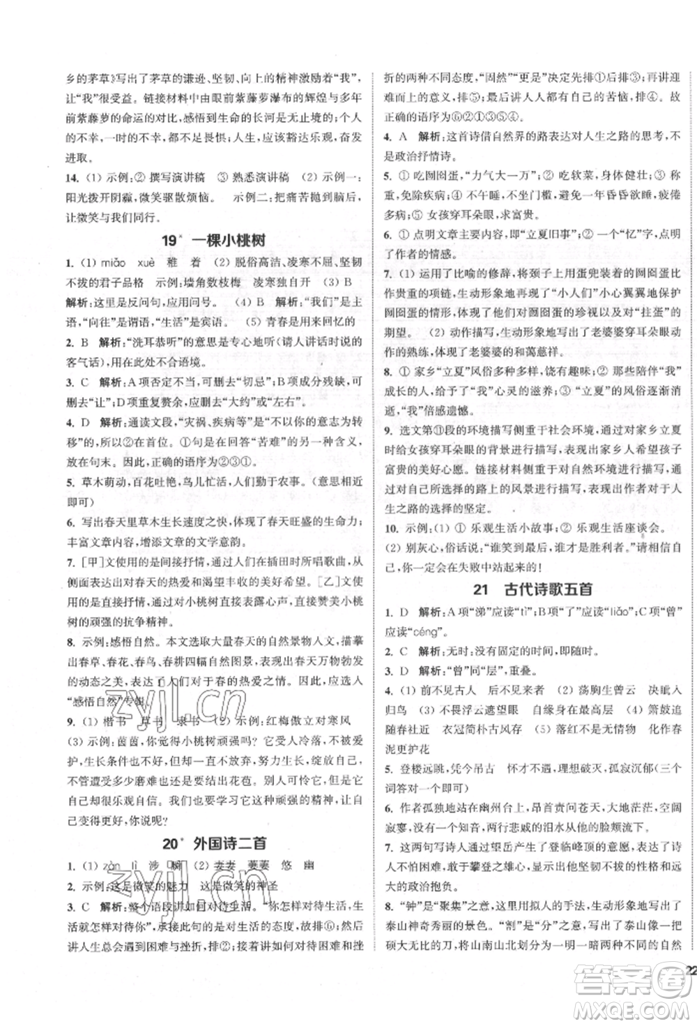 蘇州大學出版社2022金鑰匙1+1課時作業(yè)目標檢測七年級下冊語文全國版參考答案