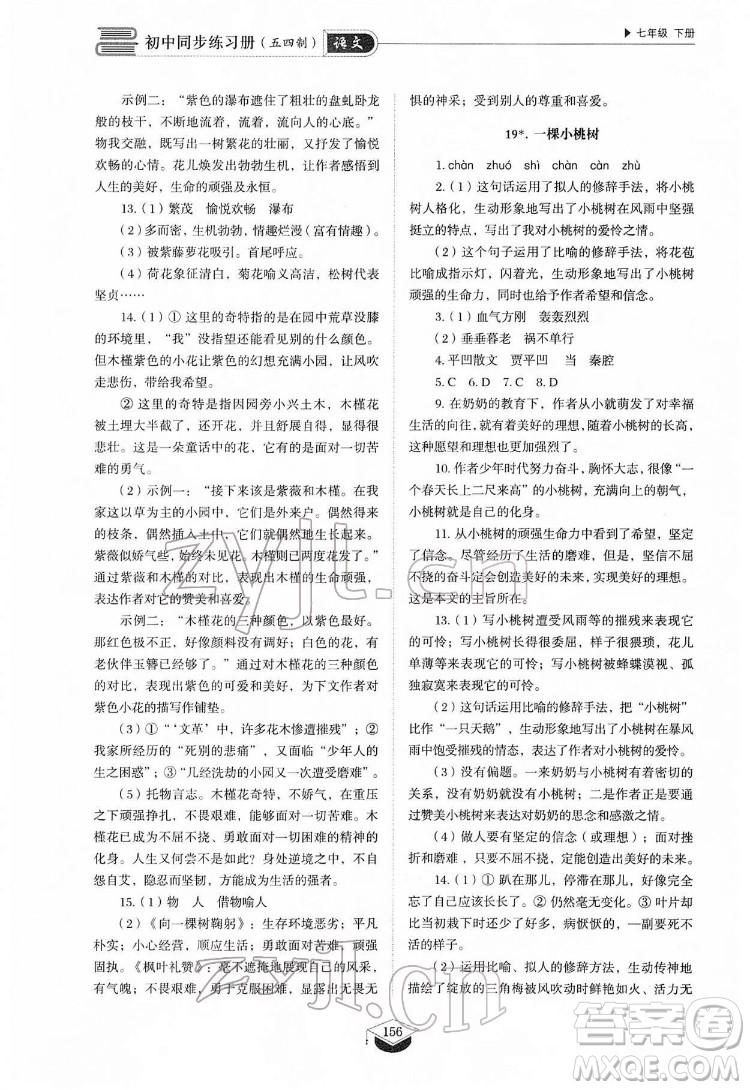 山東教育出版社2022初中同步練習(xí)冊語文七年級下冊人教版答案