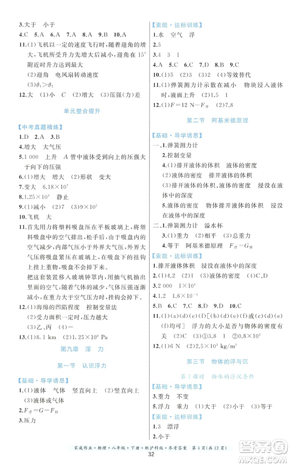 貴州科技出版社2022家庭作業(yè)八年級物理下冊滬科版答案