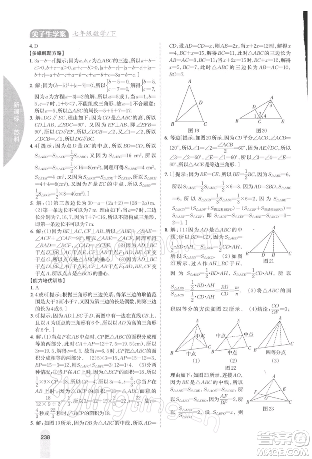 吉林人民出版社2022尖子生學(xué)案七年級下冊數(shù)學(xué)蘇科版參考答案