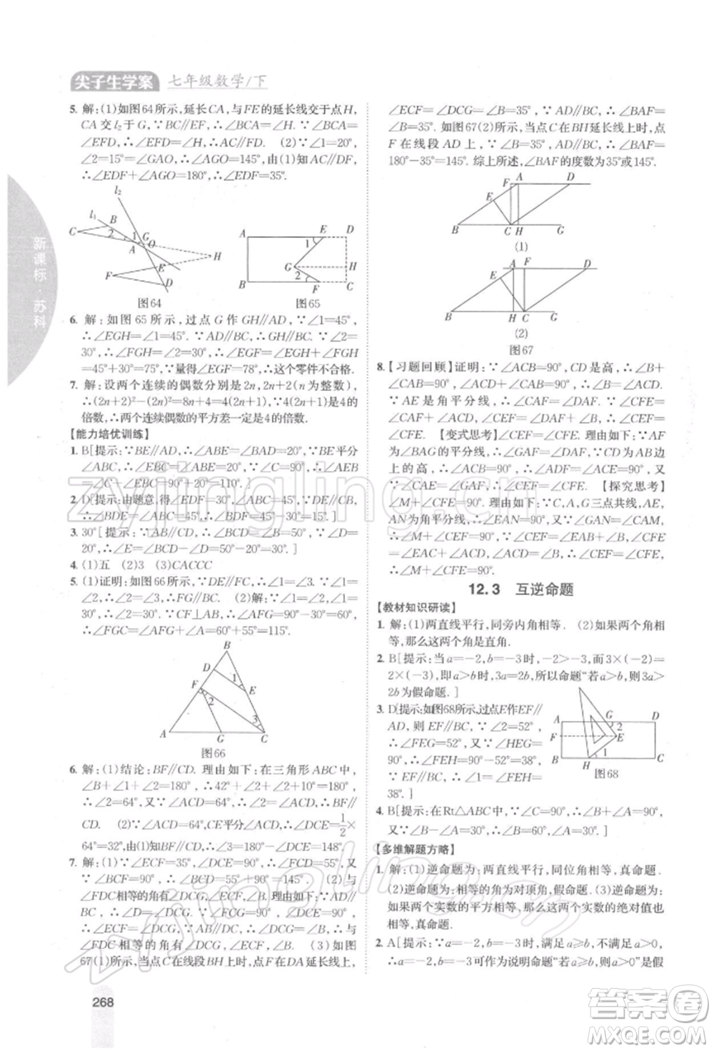 吉林人民出版社2022尖子生學(xué)案七年級下冊數(shù)學(xué)蘇科版參考答案