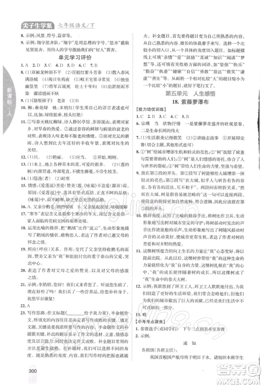 吉林人民出版社2022尖子生學(xué)案七年級(jí)下冊(cè)語(yǔ)文人教版參考答案