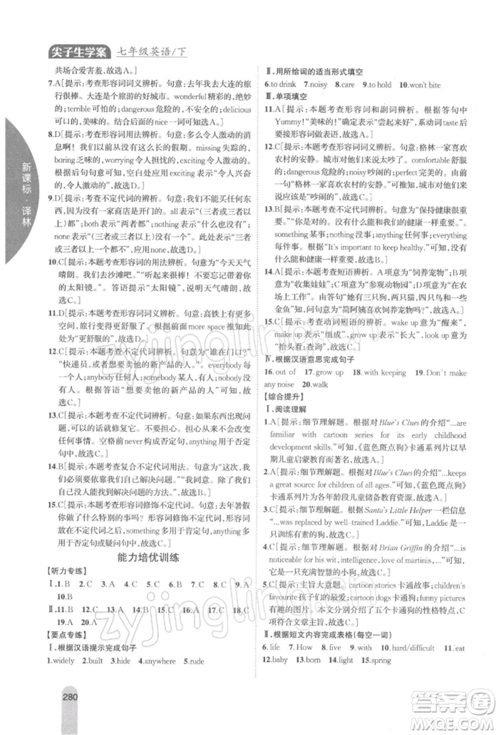 吉林人民出版社2022尖子生學(xué)案七年級下冊英語譯林版參考答案