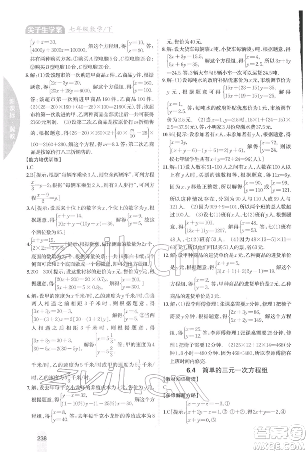 吉林人民出版社2022尖子生學(xué)案七年級下冊數(shù)學(xué)冀教版參考答案