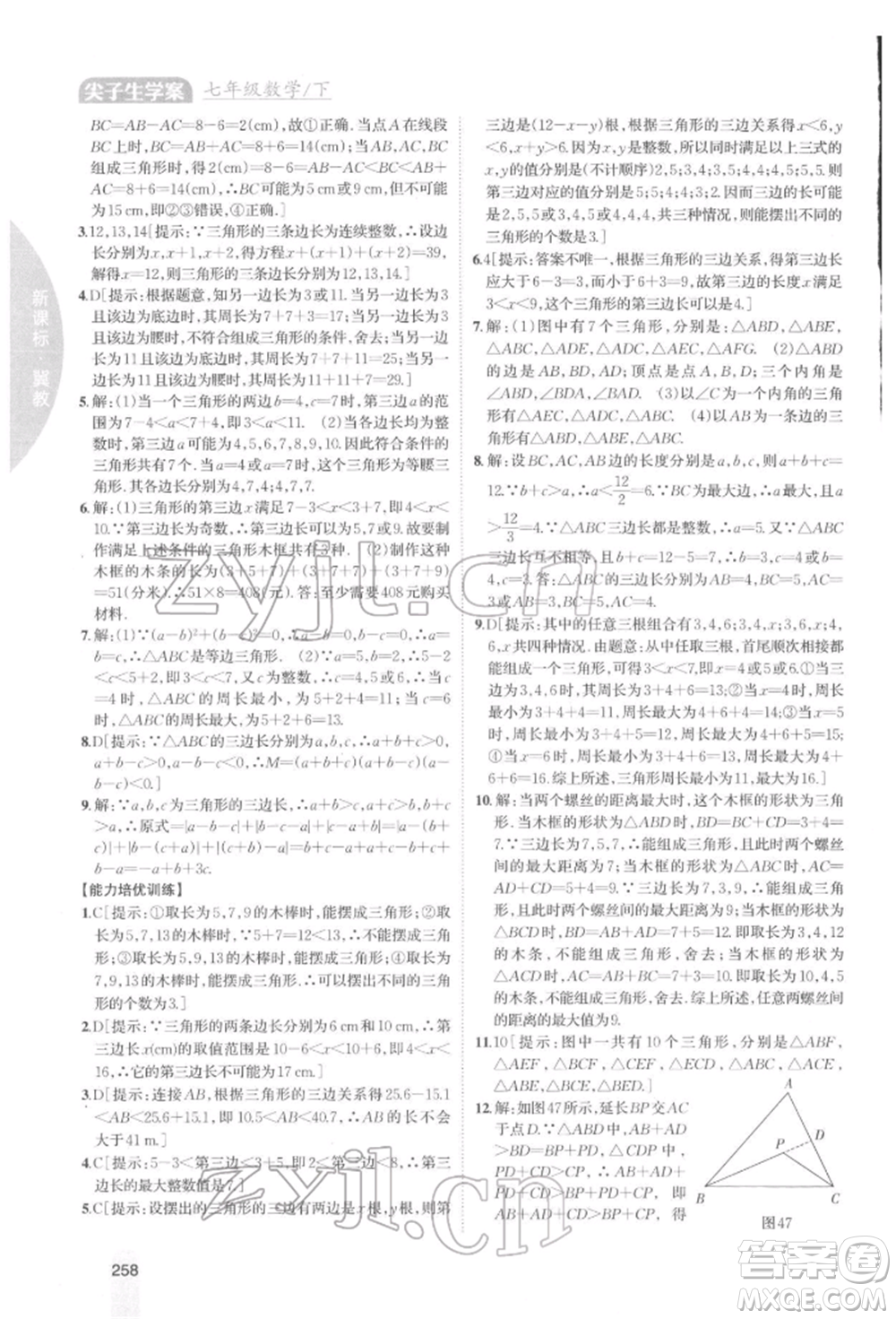 吉林人民出版社2022尖子生學(xué)案七年級下冊數(shù)學(xué)冀教版參考答案