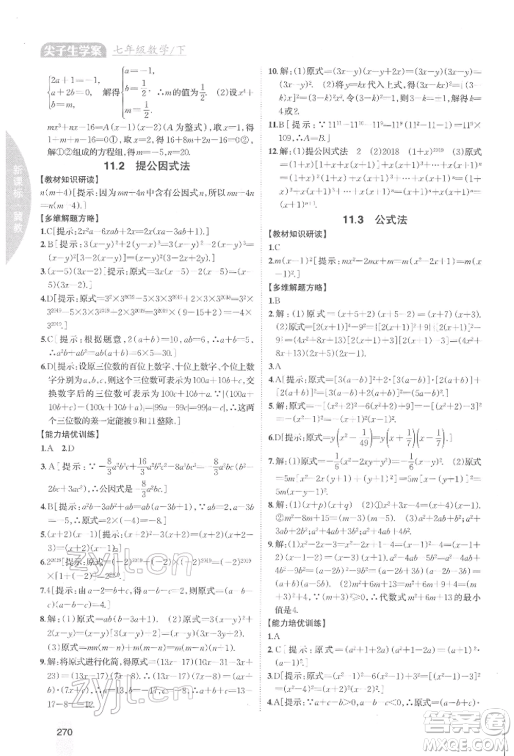 吉林人民出版社2022尖子生學(xué)案七年級下冊數(shù)學(xué)冀教版參考答案