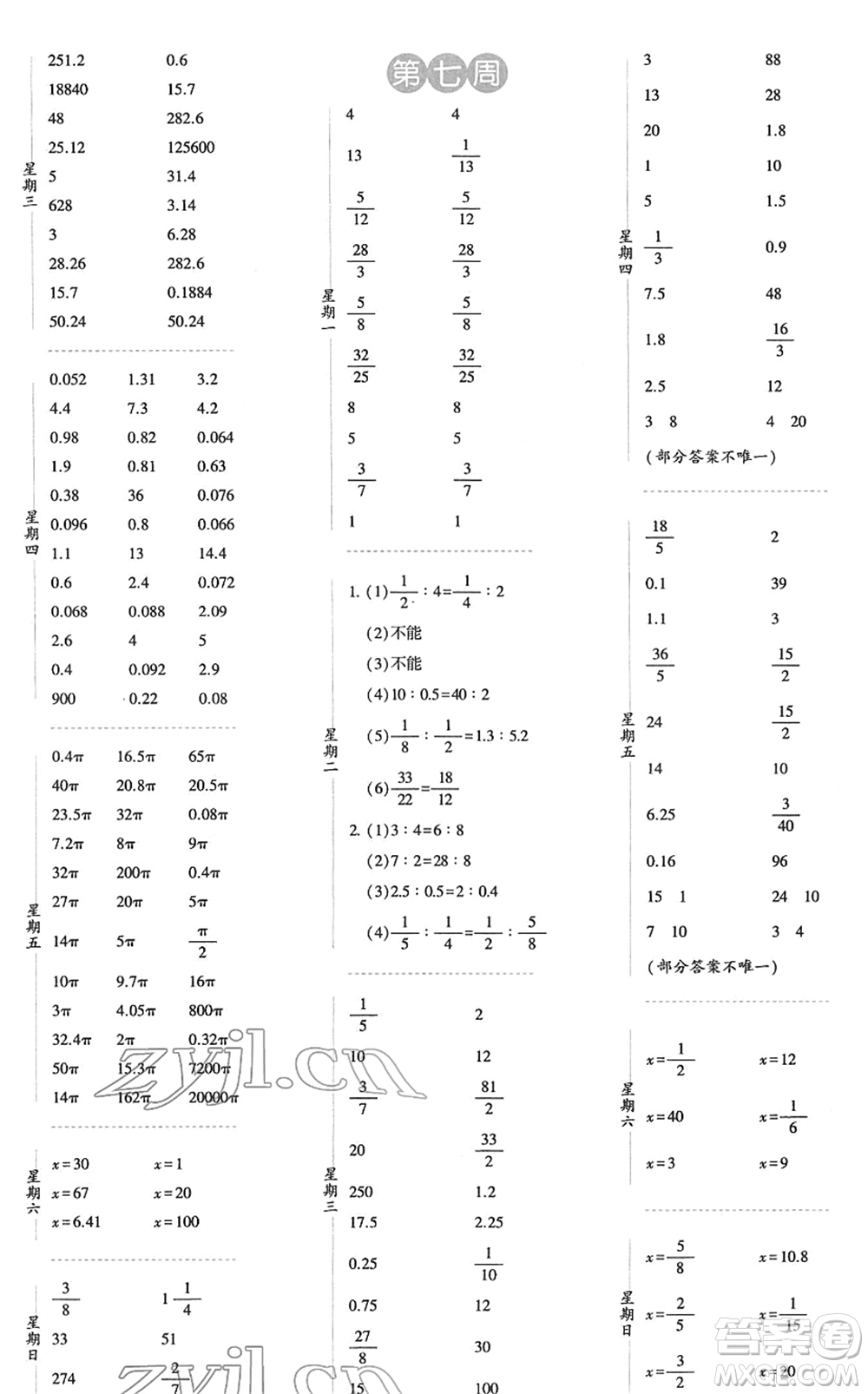 寧夏人民教育出版社2022經(jīng)綸學(xué)典口算達(dá)人六年級數(shù)學(xué)下冊RJ人教版答案