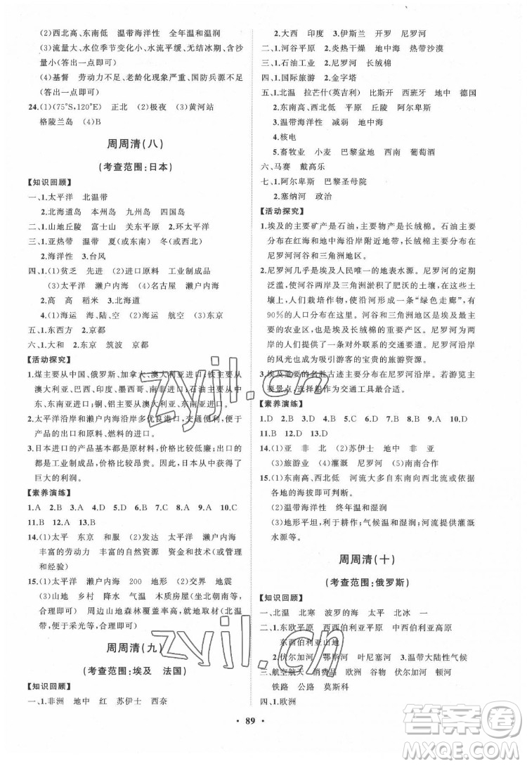 山東教育出版社2022初中同步練習(xí)冊分層卷地理七年級下冊湘教版答案