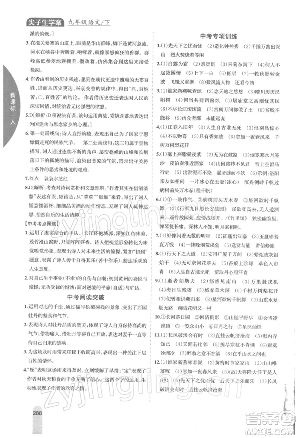 吉林人民出版社2022尖子生學(xué)案九年級下冊語文人教版參考答案