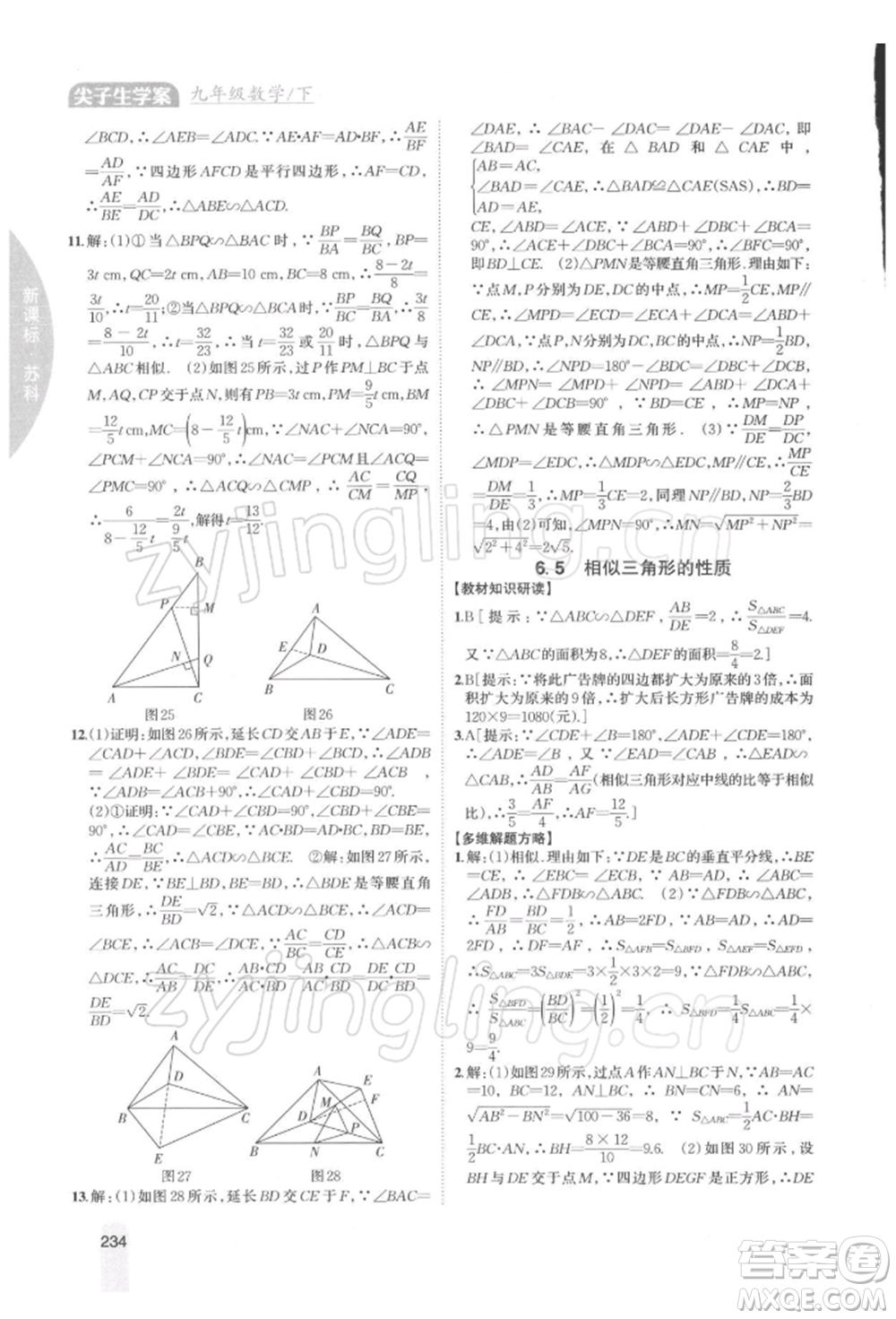 吉林人民出版社2022尖子生學(xué)案九年級(jí)下冊(cè)數(shù)學(xué)蘇科版參考答案