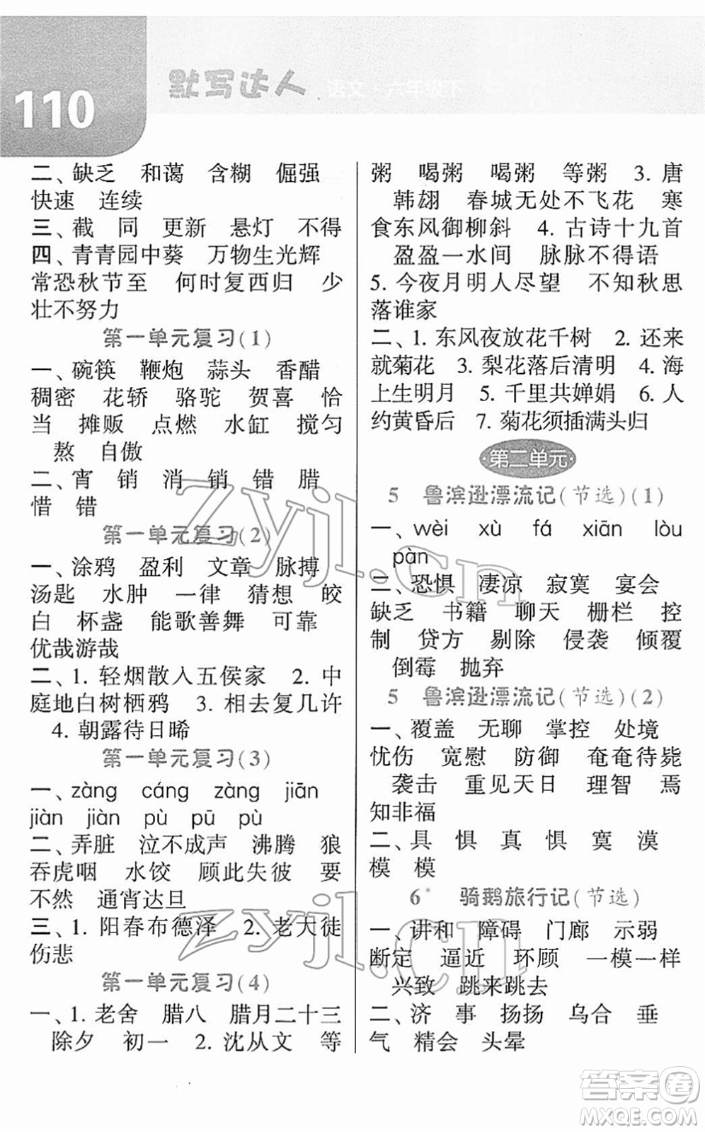 寧夏人民教育出版社2022經(jīng)綸學(xué)典默寫達(dá)人六年級語文下冊RJ人教版答案