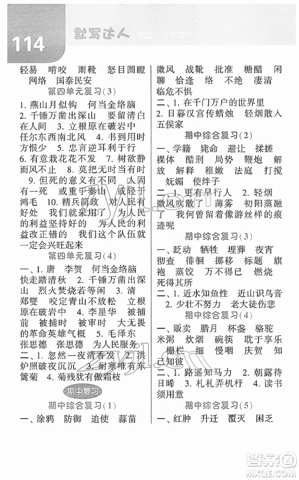 寧夏人民教育出版社2022經(jīng)綸學(xué)典默寫達(dá)人六年級語文下冊RJ人教版答案