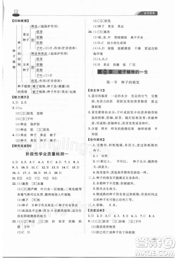 山東友誼出版社2022初中同步練習(xí)冊生物學(xué)六年級下冊魯科版答案