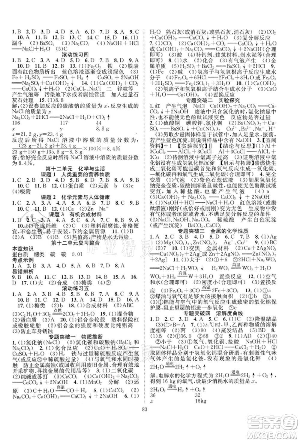 長江少年兒童出版社2022優(yōu)質(zhì)課堂導(dǎo)學(xué)案九年級下冊化學(xué)人教版B課后作業(yè)參考答案