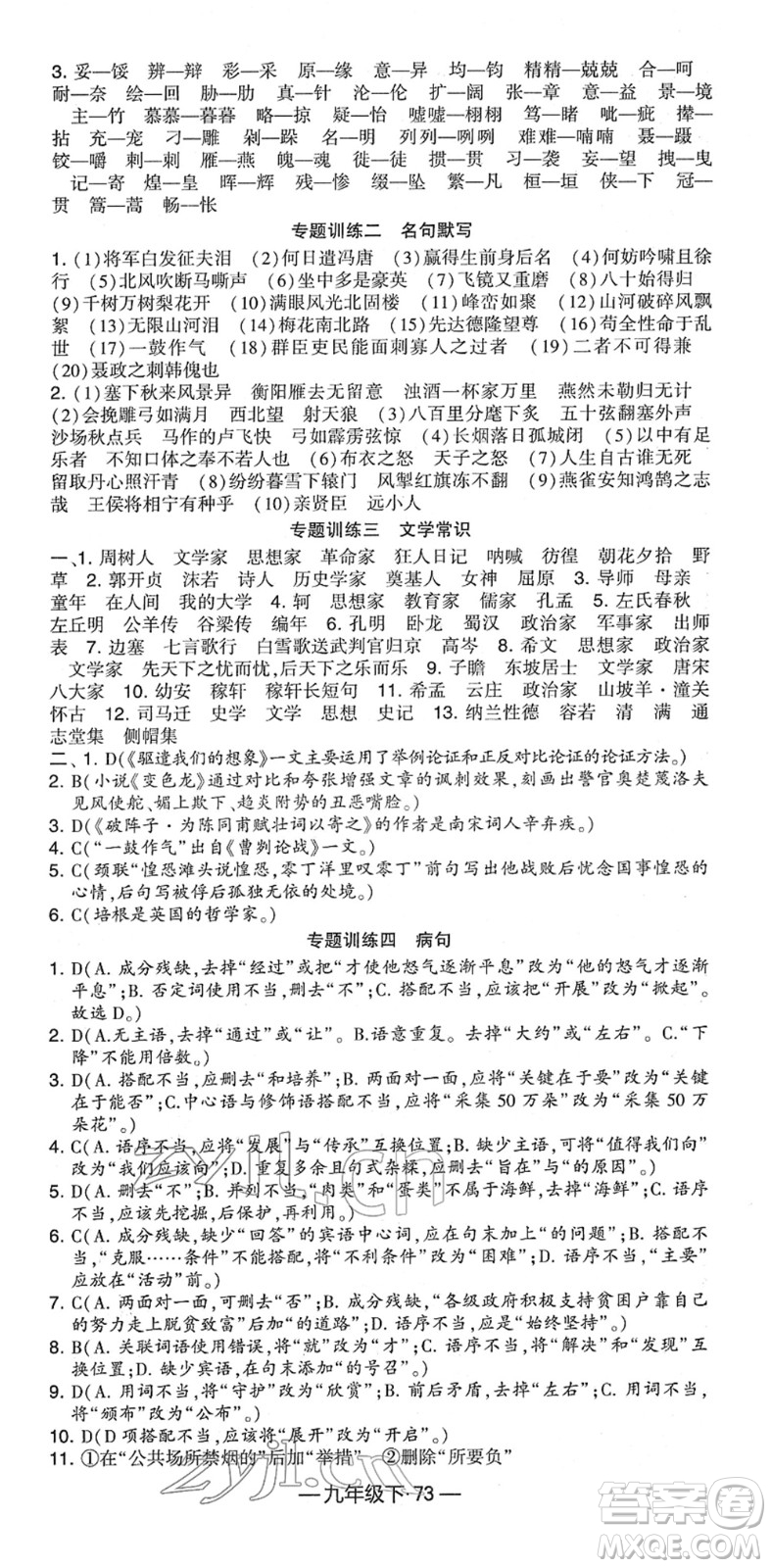 寧夏人民教育出版社2022學霸課時作業(yè)九年級語文下冊部編版答案