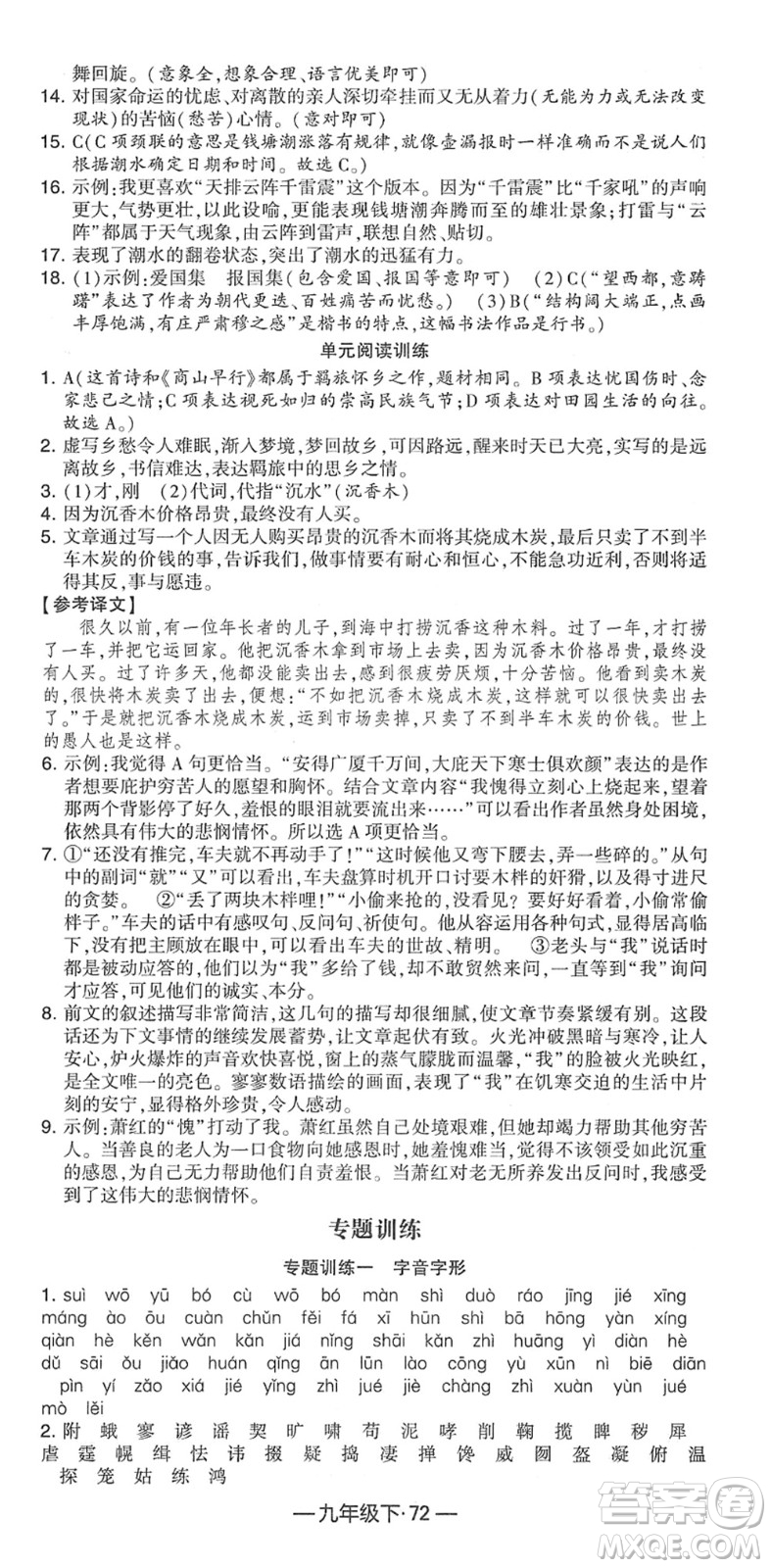 寧夏人民教育出版社2022學霸課時作業(yè)九年級語文下冊部編版答案