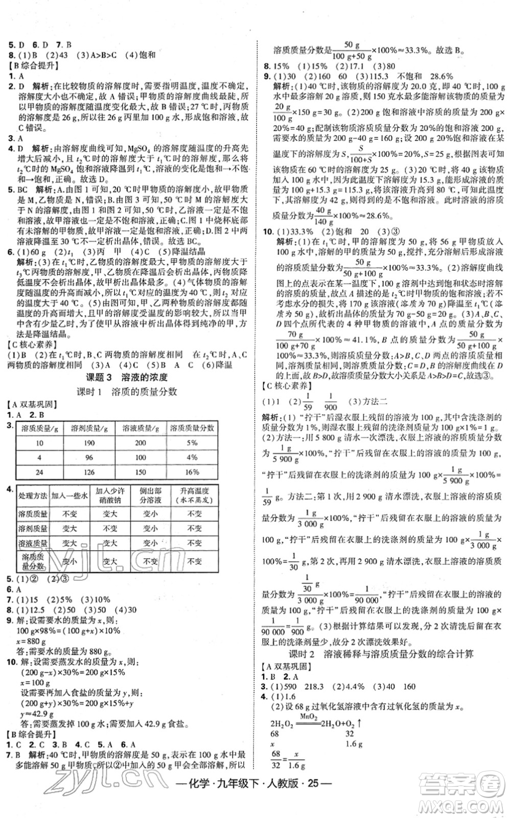 寧夏人民教育出版社2022學(xué)霸課時作業(yè)九年級化學(xué)下冊RJ人教版答案