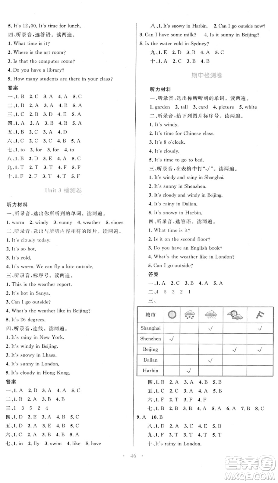 內(nèi)蒙古教育出版社2022小學同步學習目標與檢測四年級英語下冊人教版答案