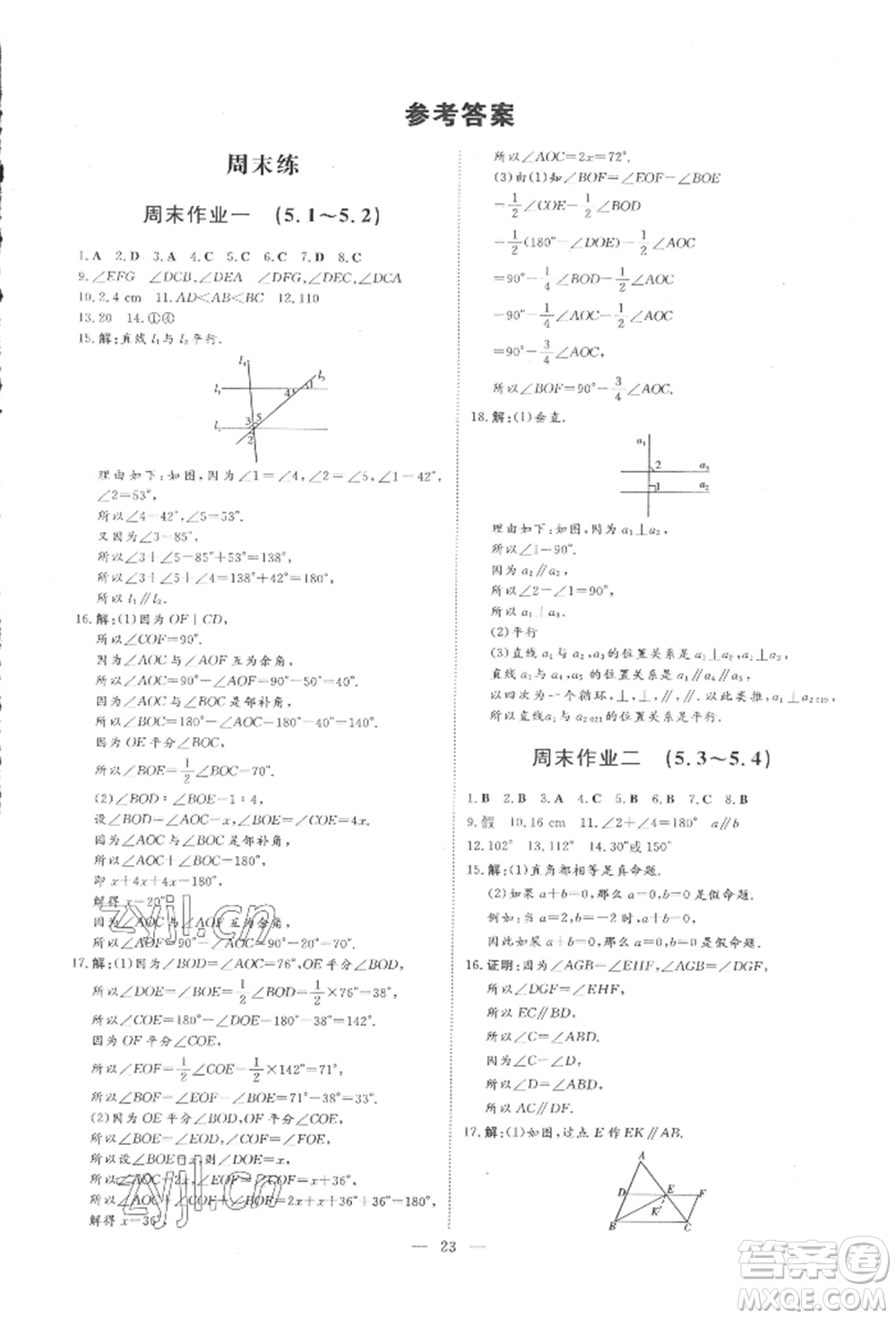 吉林教育出版社2022練案課時作業(yè)本七年級下冊數(shù)學(xué)人教版參考答案