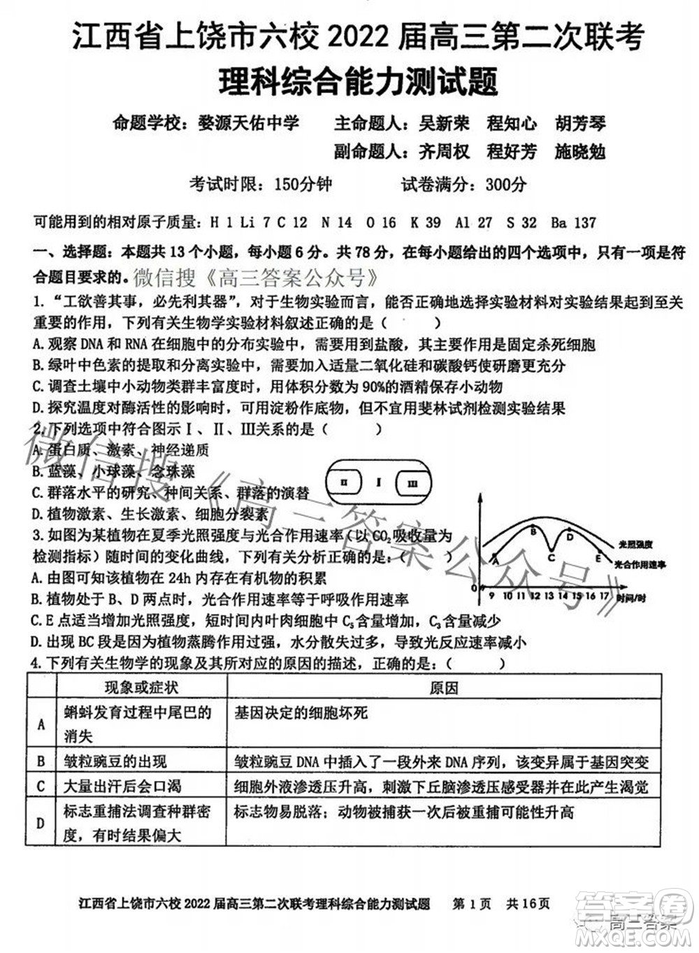 江西省上饒市六校2022高三第二次聯(lián)考理科綜合試題及答案