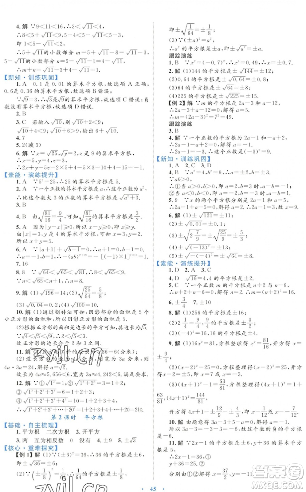 內(nèi)蒙古教育出版社2022初中同步學(xué)習(xí)目標(biāo)與檢測七年級數(shù)學(xué)下冊人教版答案