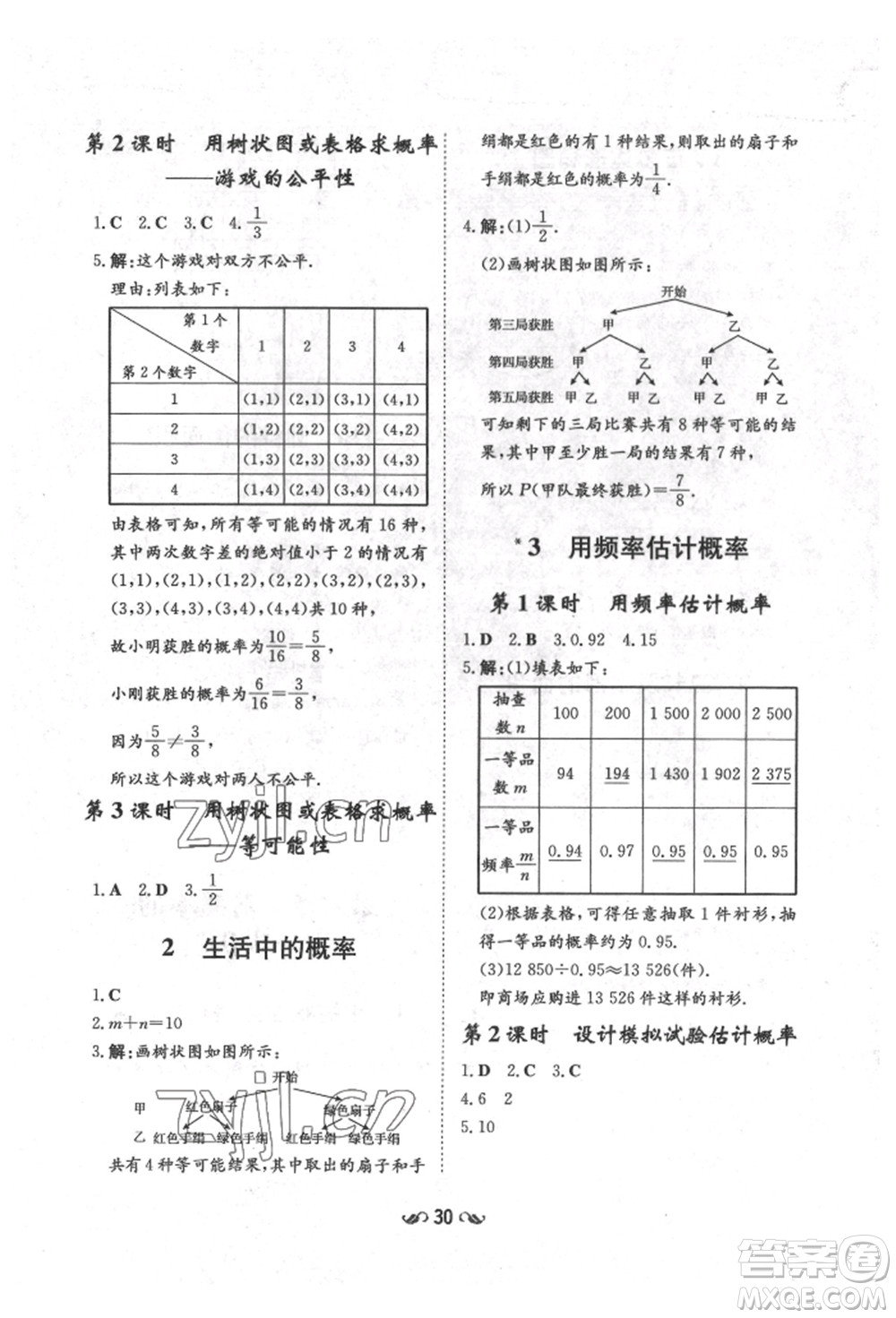 陜西人民教育出版社2022練案五四學制九年級數(shù)學下冊魯教版參考答案