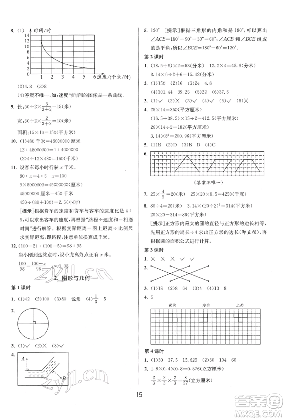 江蘇人民出版社2022年1課3練單元達(dá)標(biāo)測試六年級下冊數(shù)學(xué)蘇教版參考答案